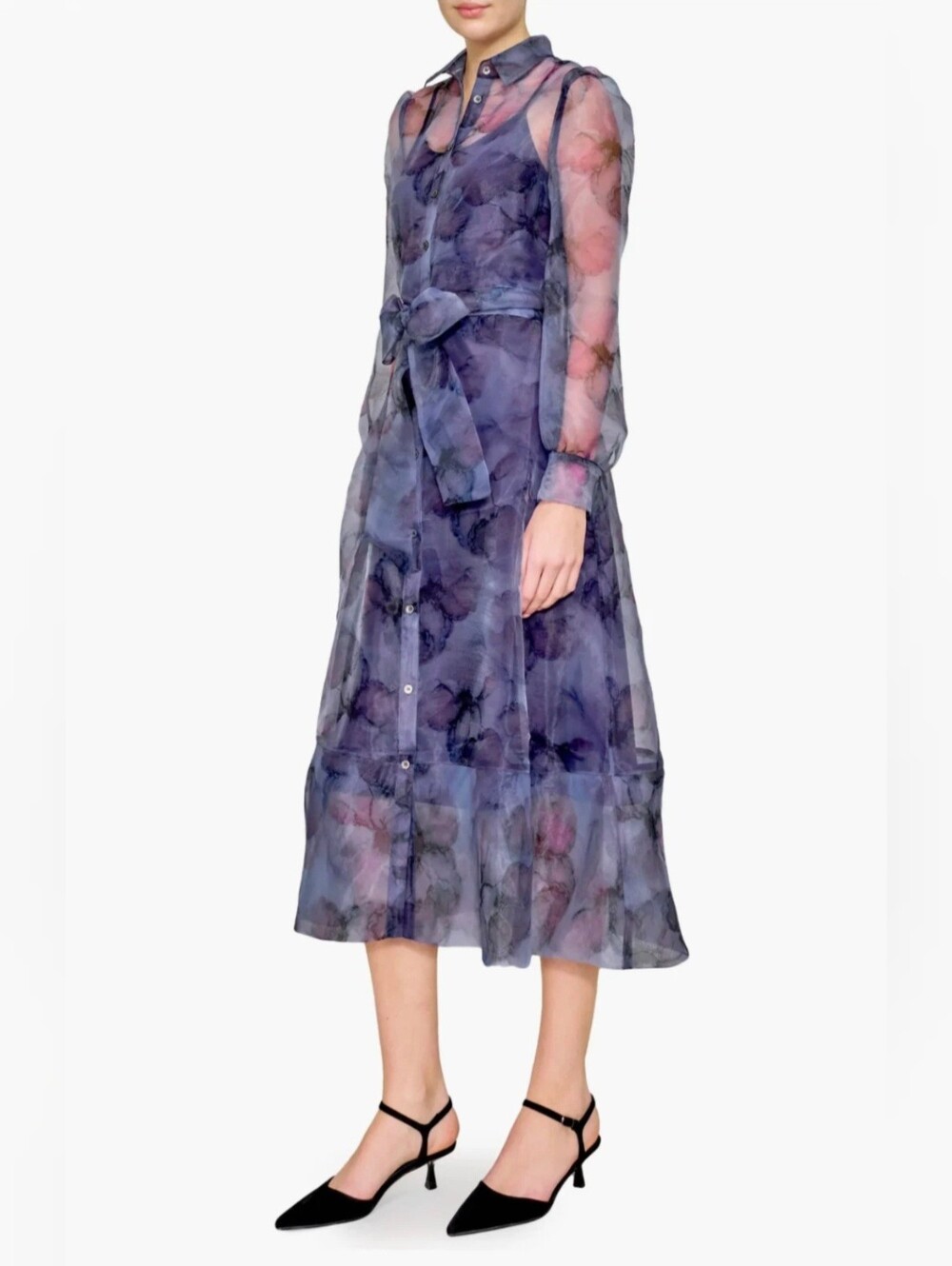 MELLODAY Long Sleeve Chiffon Dress- Navy/Purple Floral - SizeL - Picture 3 of 12